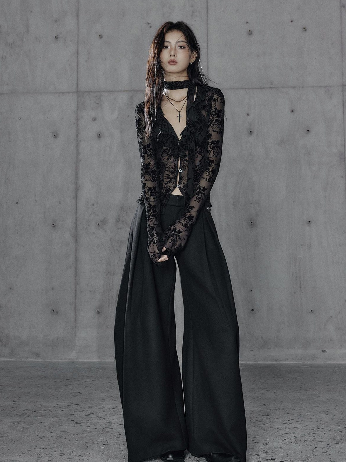 Low pixel Black Wool Blend Low Rise Zipper Casual Straight Hem Women Wide Leg Pants