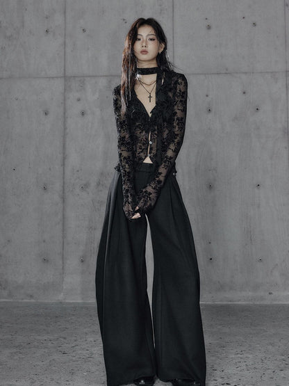 Low pixel Black Wool Blend Low Rise Zipper Casual Straight Hem Women Wide Leg Pants