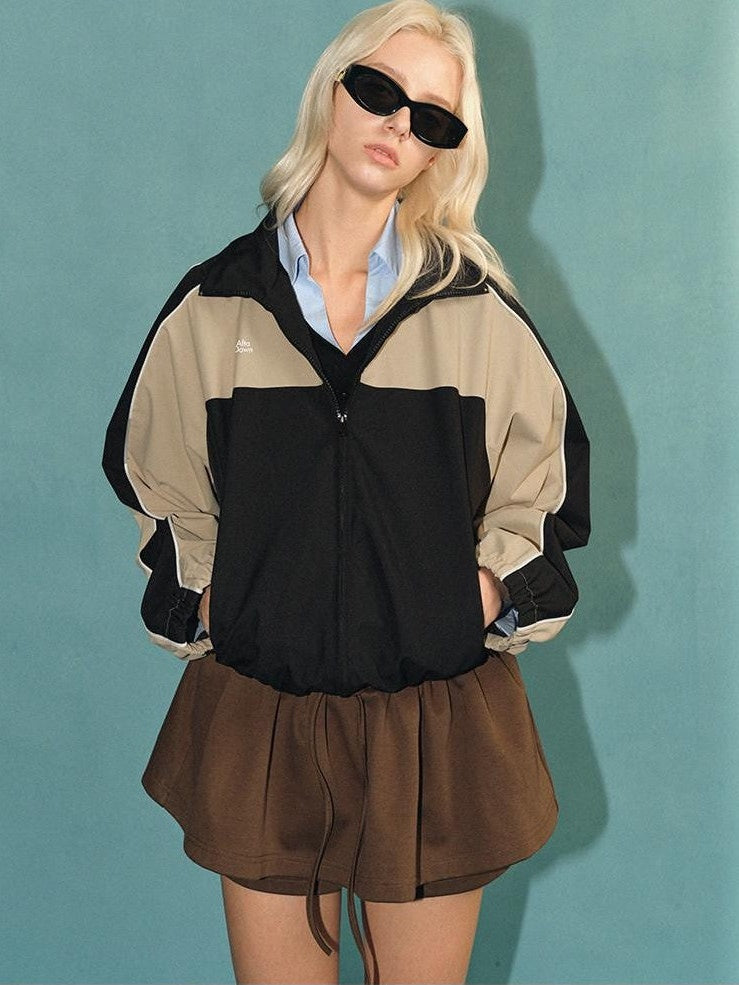 AFTADAWN Light Blue Colorblock Raglan Stand Collar Zipper Women&