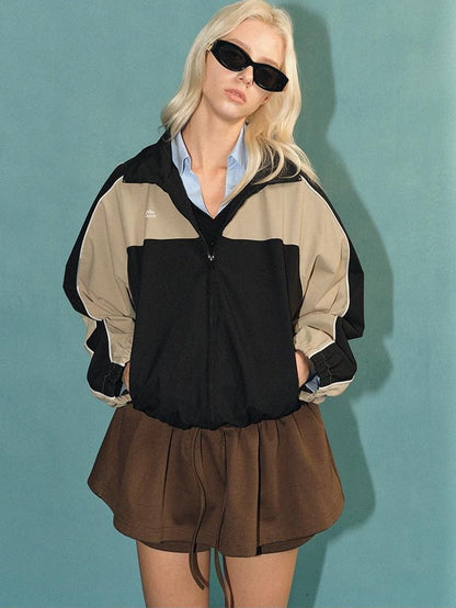 AFTADAWN Light Blue Colorblock Raglan Stand Collar Zipper Women&