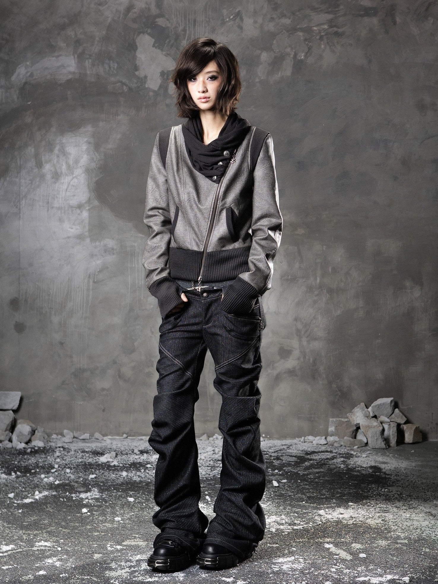 ARIADNAw Black Denim Punk Double Waistband Curved Stacked Texture Women&