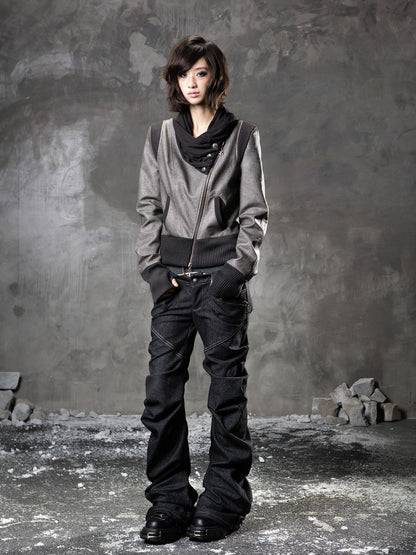 ARIADNAw Black Denim Punk Double Waistband Curved Stacked Texture Women&