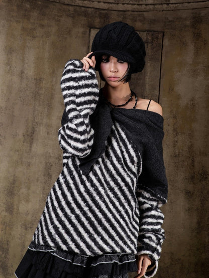 ARIADNAw Contrast Stripe Off Shoulder Punk Women&