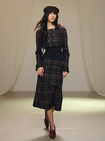 lvetong Plaid Wool Blend Cropped Jacket Long Sleeve Fishtail Skirt Women&