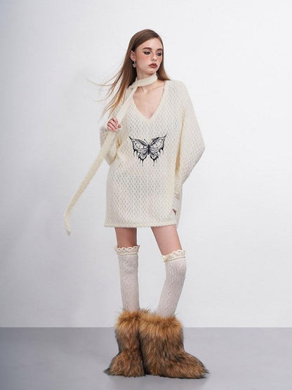 AFTADAWN Mink Fur Embroidered Butterfly Wing V-neck Women&