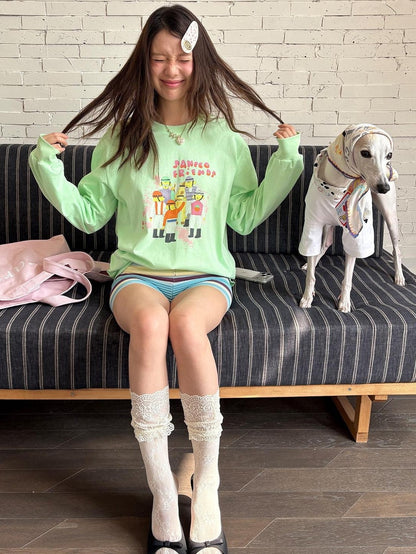 sancco house Green Printed Crewneck Loose Casual Women&