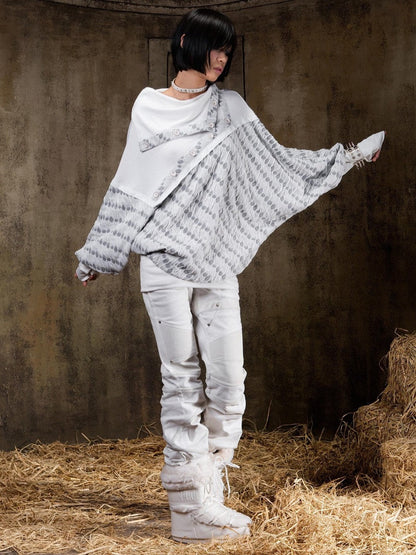 ARIADNAw Polka Dot Knitted Batwing Stacked Neck Patchwork Women&