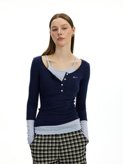 AFTADAWN Colorblock Faux Two Piece Henley Women&
