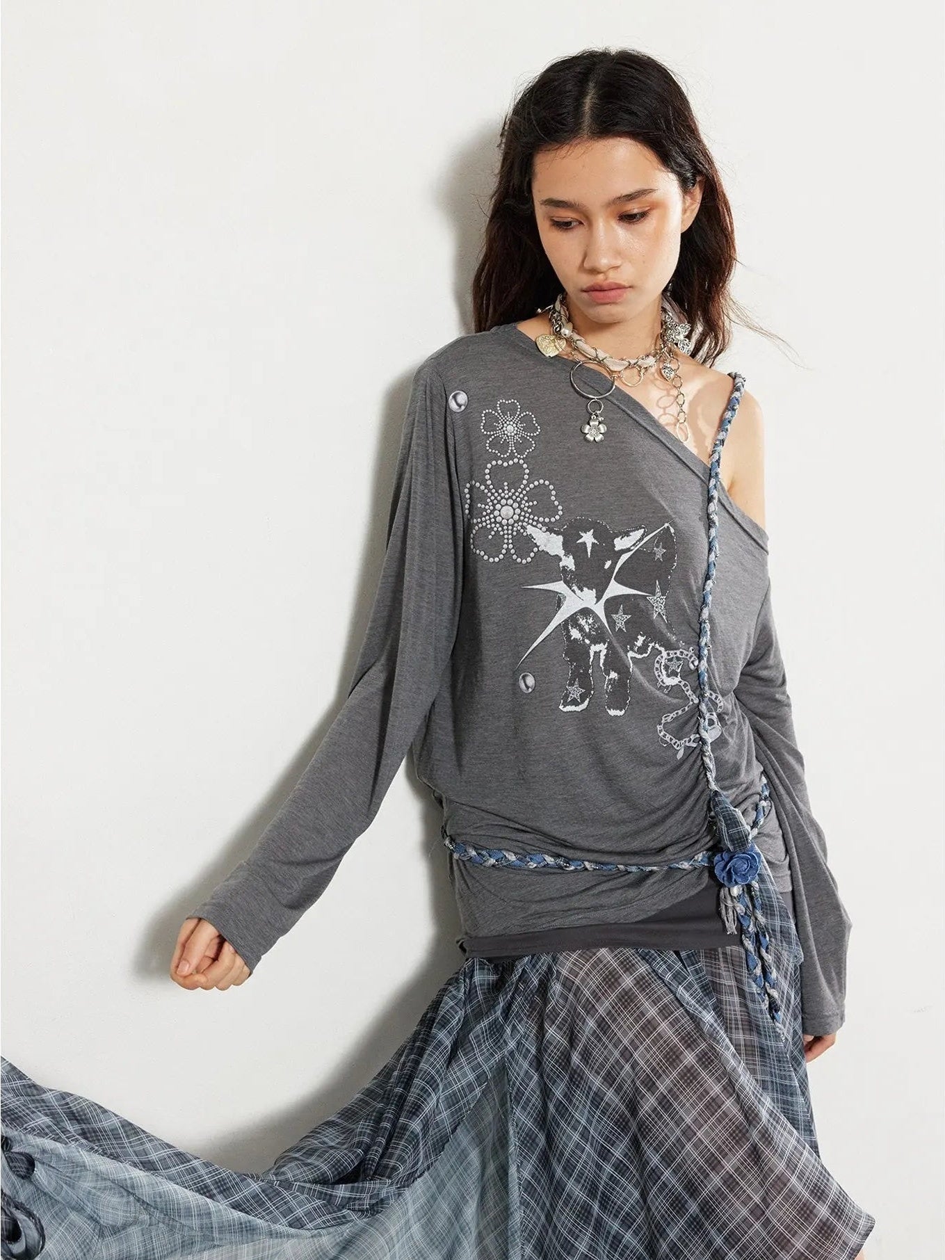 2th Desire Textured Pleated Plaid Mesh Asym Hem Chiffon Maxi Skirt