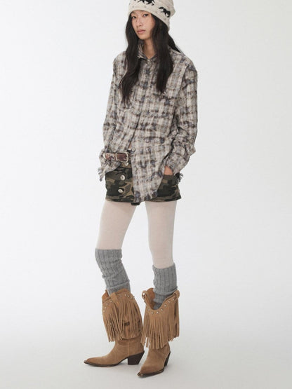 1JINN STUDIO Distressed Frayed Plaid Slim Round Neck Drop Shoulder Women&