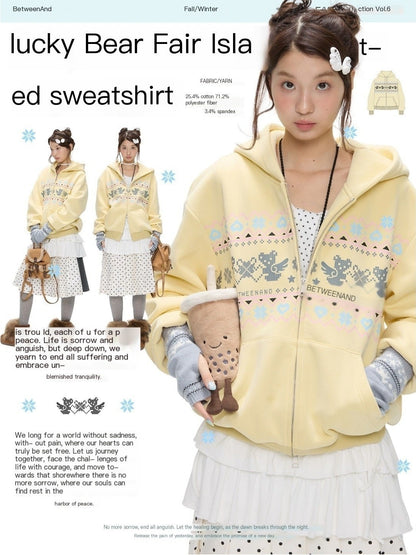 BETWEENAND_Yellow_Fair_Isle_Bear_Print_Fleece_Lined_Women&