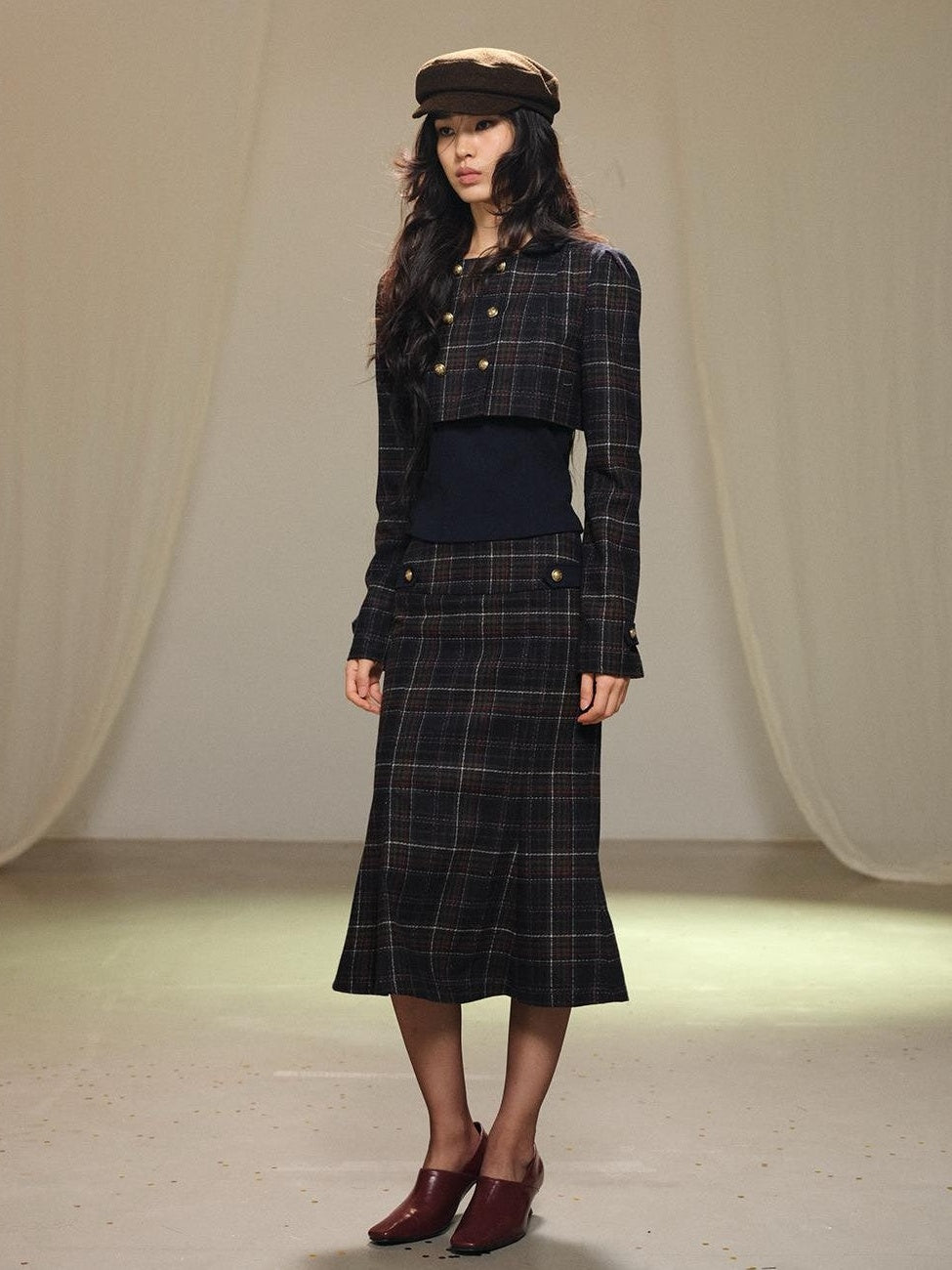 lvetong Plaid Wool Blend Cropped Jacket Long Sleeve Fishtail Skirt Women&