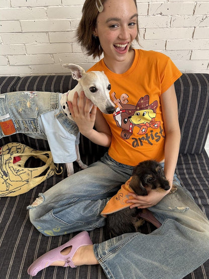 sancco house Denim Puppy Illustration Print Crop Crew Neck Women&