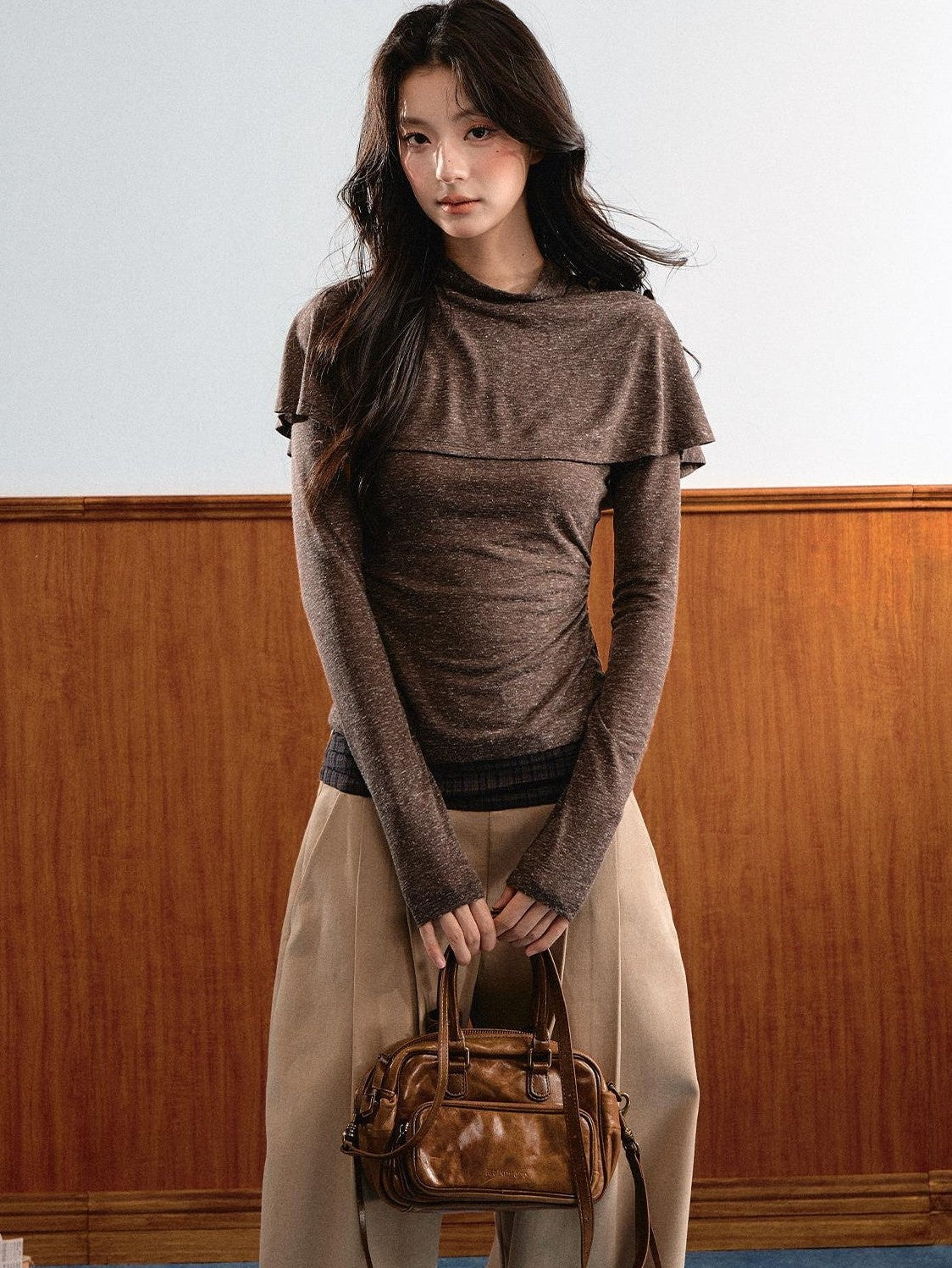 7Shiftin Double Collar Shirred Shoulder Women&