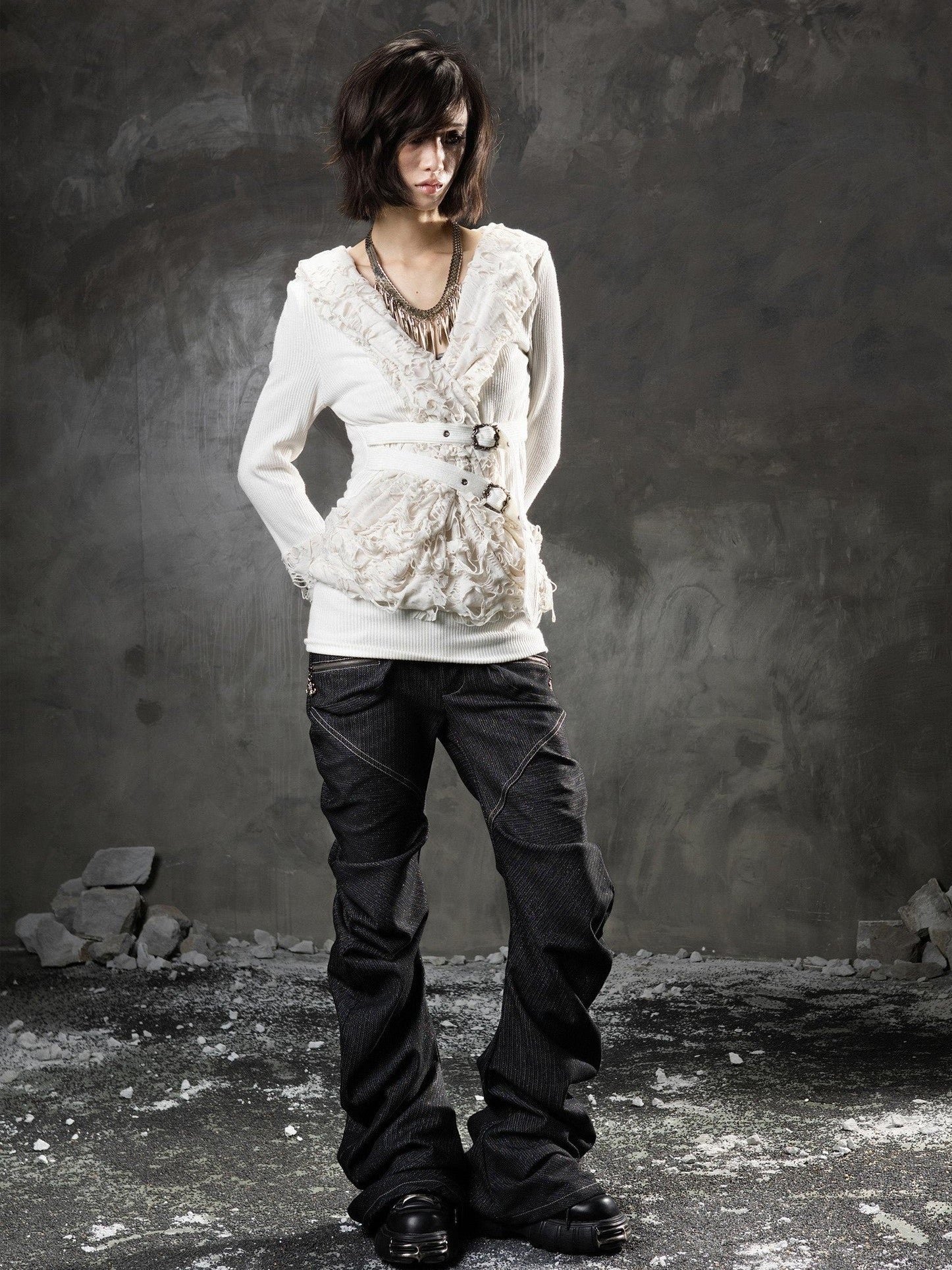 ARIADNAw Black Denim Punk Double Waistband Curved Stacked Texture Women&