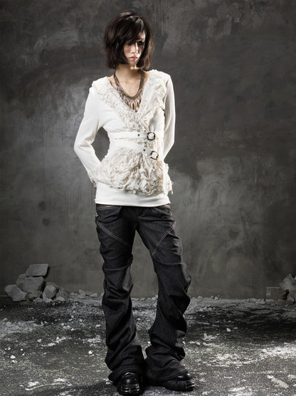 ARIADNAw Black Denim Punk Double Waistband Curved Stacked Texture Women&