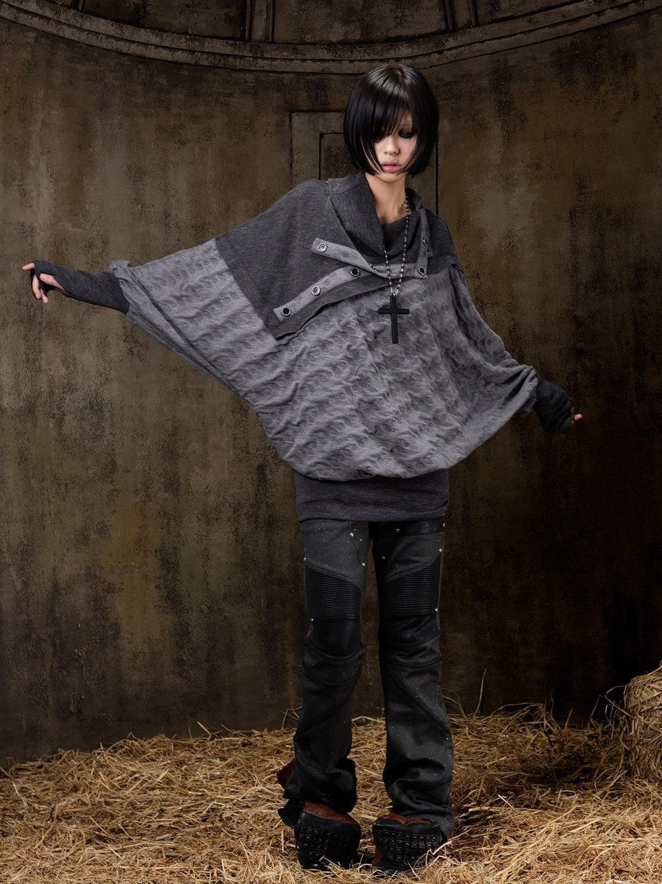 ARIADNAw Polka Dot Knitted Batwing Stacked Neck Patchwork Women&