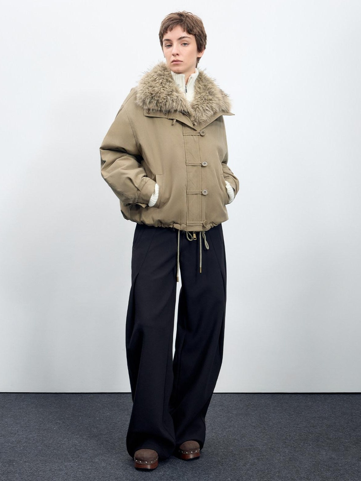 RUN TO THE FUTURE Thick Cotton Fill Fur Collar Loose Fit Commuter Solid Zip Puffer Jackets