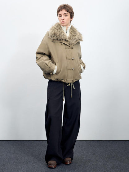 RUN TO THE FUTURE Thick Cotton Fill Fur Collar Loose Fit Commuter Solid Zip Puffer Jackets