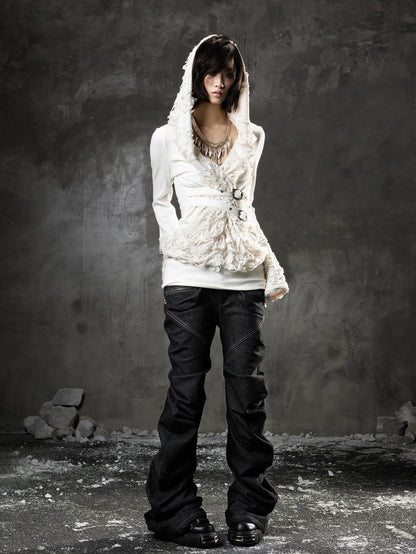 ARIADNAw Black Denim Punk Double Waistband Curved Stacked Texture Women&