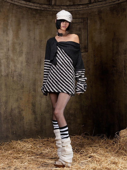 ARIADNAw Contrast Stripe Off Shoulder Punk Women&