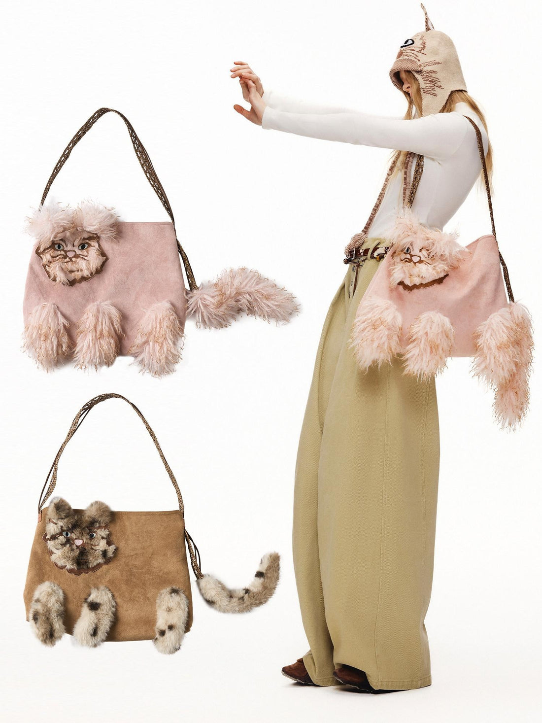 OuttheBlue Cute Edgy Cat Print Square Single Shoulder Women Vintage Pink Khaki Tote Bags