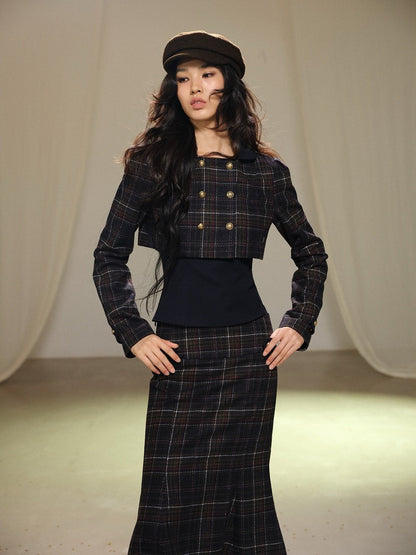 lvetong_Plaid_Wool_Blend_Cropped_Jacket_Long_Sleeve_Fishtail_Skirt_Women&