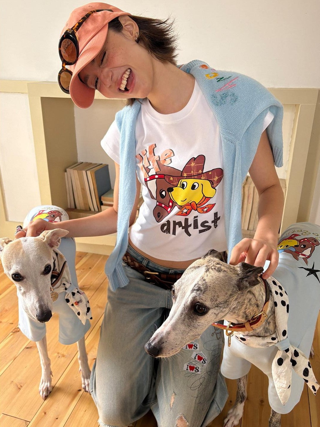 sancco house Denim Puppy Illustration Print Crop Crew Neck Women&