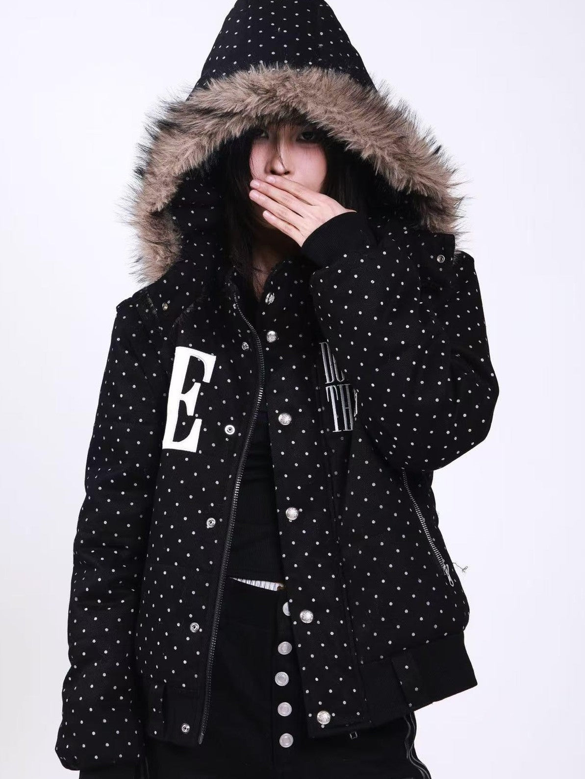 DETW onLine Black Polka Dot Detachable Sleeves Hooded Women&