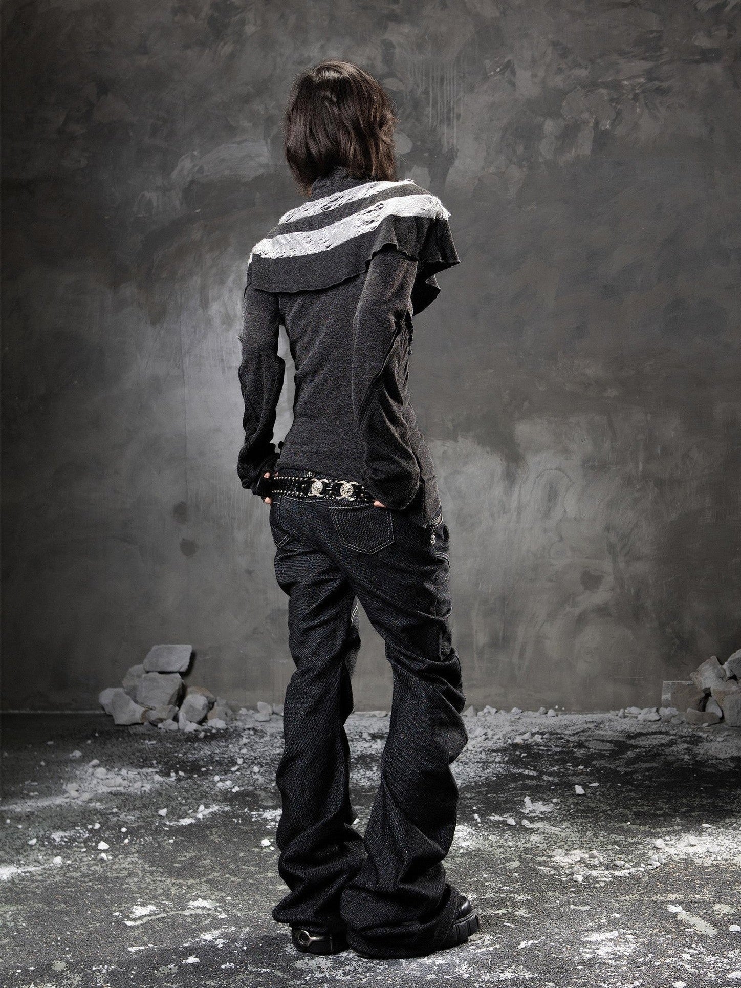 ARIADNAw Black Denim Punk Double Waistband Curved Stacked Texture Women&
