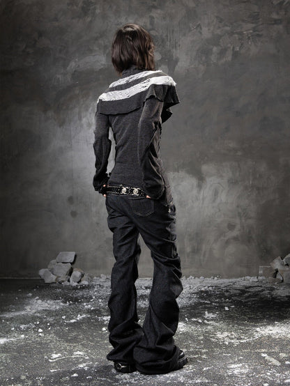 ARIADNAw Black Denim Punk Double Waistband Curved Stacked Texture Women&