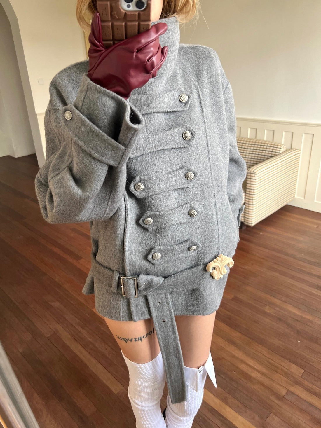 nit alcove Warm Wool Blend Pleated Biker Collar Unisex Double Breasted Cropped Wool Coats