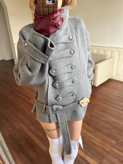nit alcove Warm Wool Blend Pleated Biker Collar Unisex Double Breasted Cropped Wool Coats