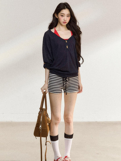 7Shiftin Layered Two Piece Casual Round Neck For Women Cami Coverup Long Sleeve T-Shirts