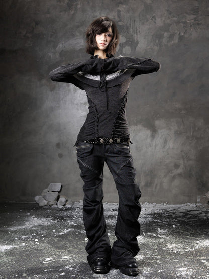 ARIADNAw Black Denim Punk Double Waistband Curved Stacked Texture Women&
