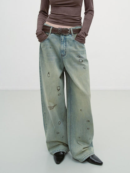 RUN TO THE FUTURE Durable Washed Low Rise Asymmetrical Vintage Unisex Printed Denim Wide-Leg Jeans