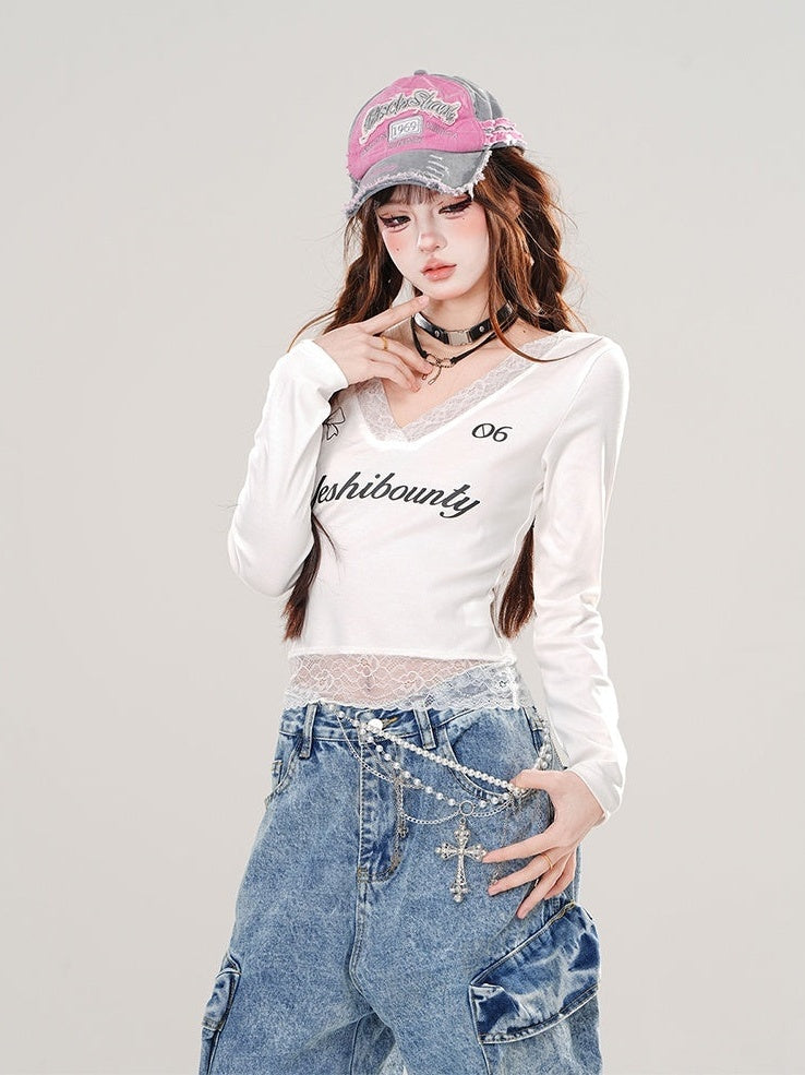 kelly_kitty_Cropped_Slimming_Lace_Splice_V-neck_Women&