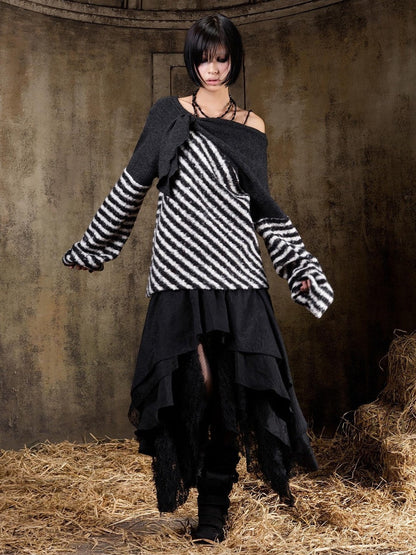 ARIADNAw Contrast Stripe Off Shoulder Punk Women&