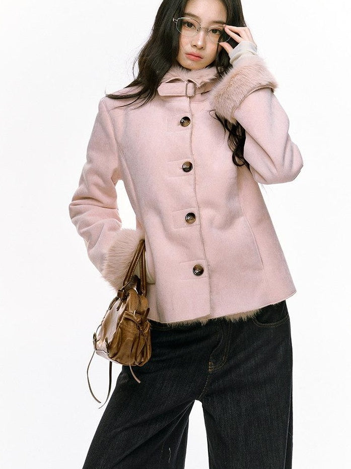 7Shiftin Fleece Lined Original Slim Stand Collar Button Coffee Pink Cropped Jackets
