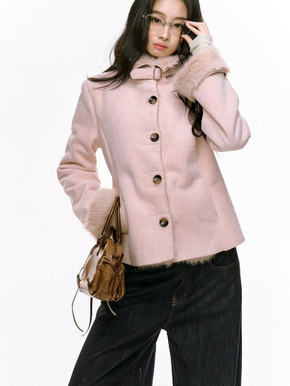 7Shiftin Fleece Lined Original Slim Stand Collar Button Coffee Pink Cropped Jackets