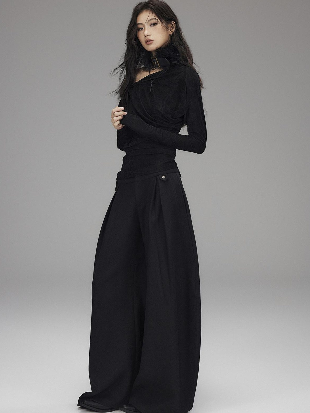Low pixel Vintage Waist Long Sleeve Slant Neck Black Knit Women Off Shoulder Crop Tops