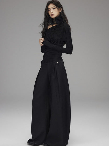 Low pixel Vintage Waist Long Sleeve Slant Neck Black Knit Women Off Shoulder Crop Tops