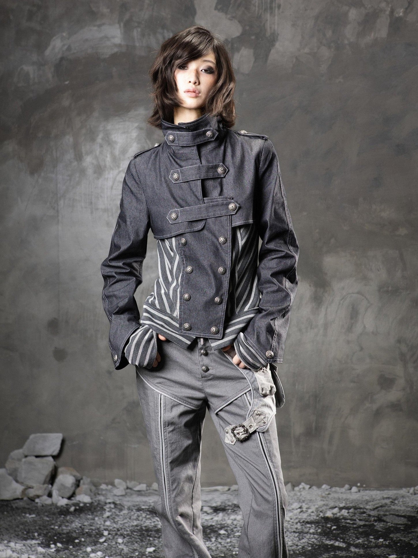 ARIADNAw Denim Blue Asymmetrical Striped Patchwork Original Design Women&