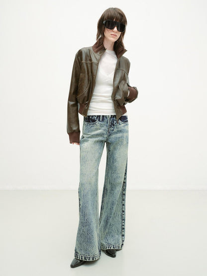 RUN TO THE FUTURE Vintage Washed Distressed Low Rise Durable Snow Blue Denim Women Straight Jeans