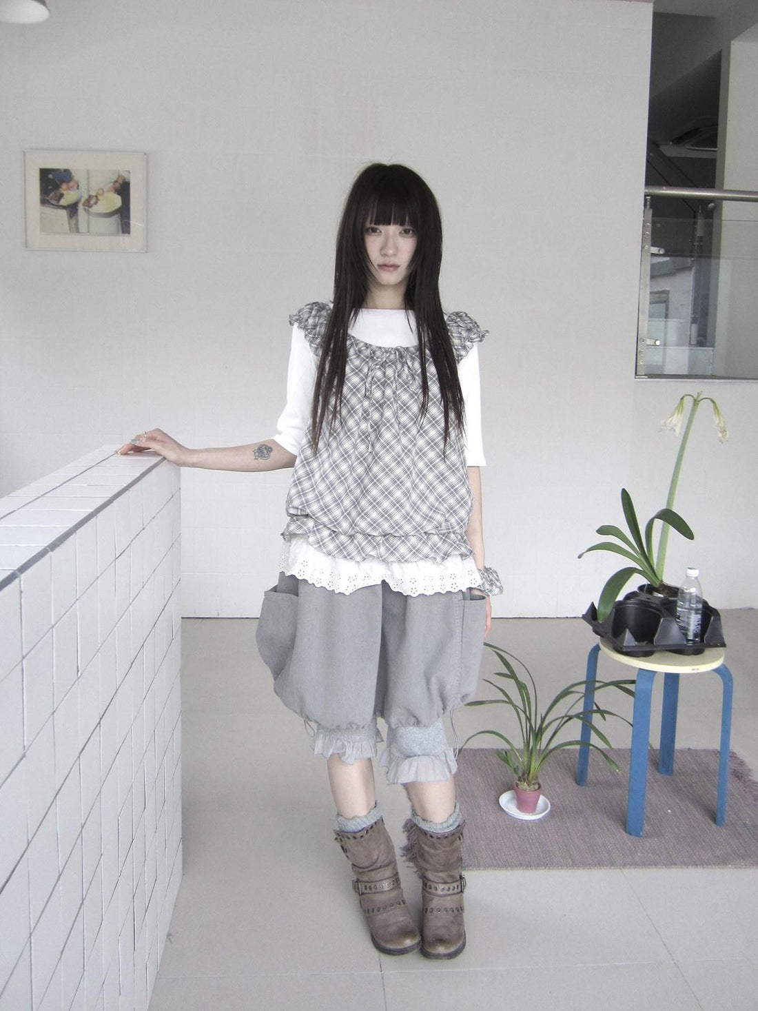 ang project Vintage Plaid Lace Trim Tie Patchwork Round Neck Women&