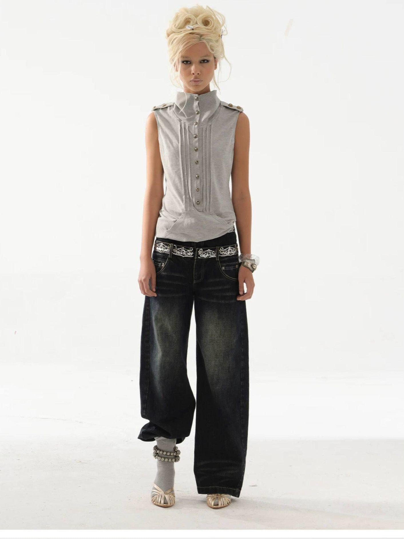 DoublePunch Metal Button Epaulet Convertible Half High Neck Women&