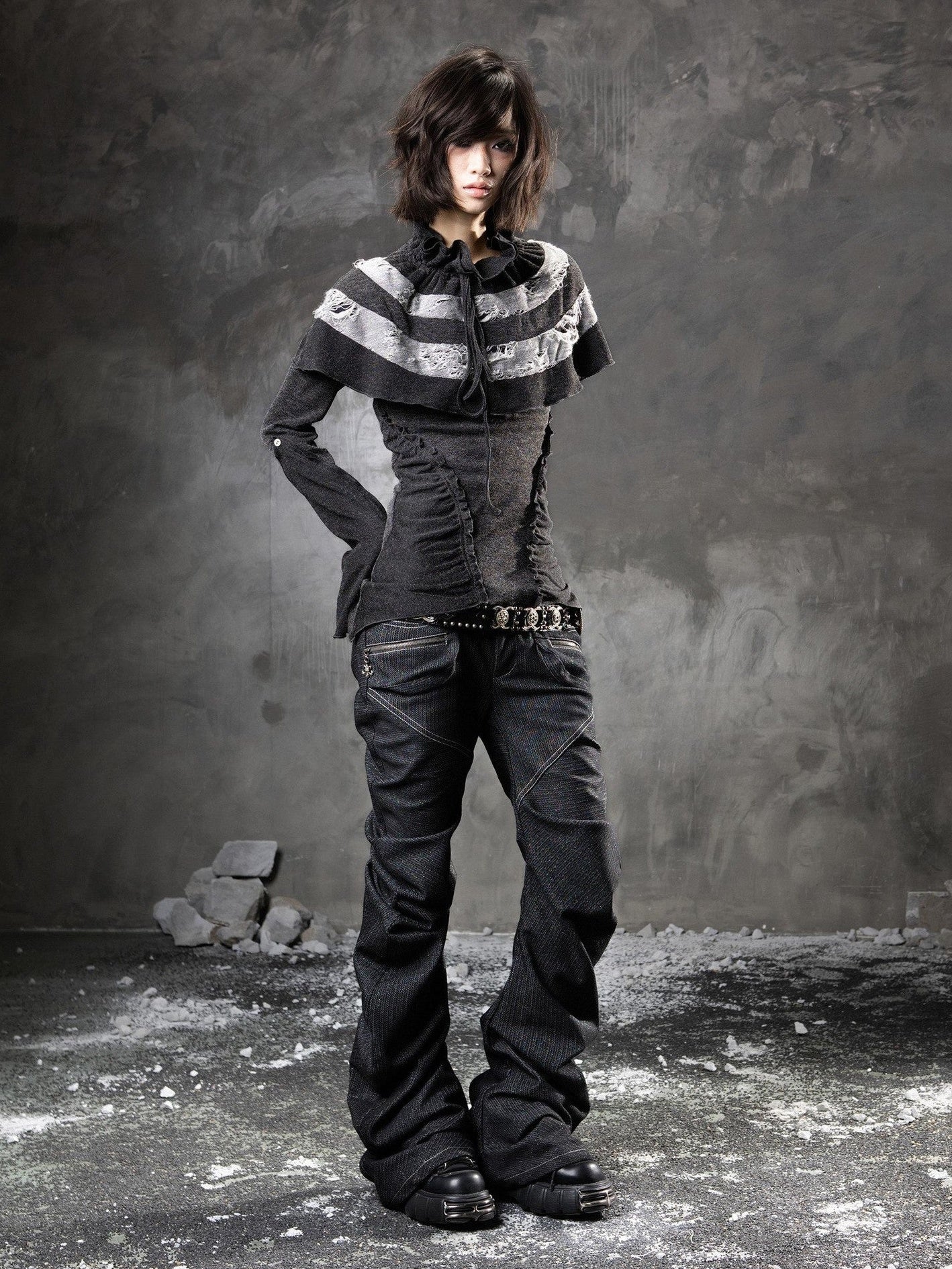 ARIADNAw Black Denim Punk Double Waistband Curved Stacked Texture Women&