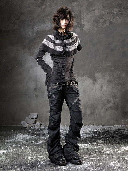 ARIADNAw Black Denim Punk Double Waistband Curved Stacked Texture Women&