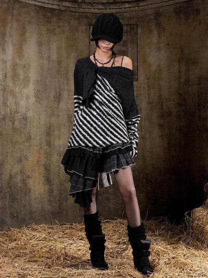 ARIADNAw Contrast Stripe Off Shoulder Punk Women&