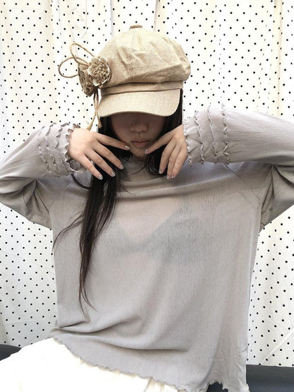ang project Mocha Sheer Mesh Layered Ruffle Round Neck Women&